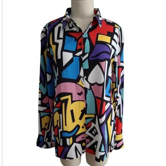 NWT Big Dart Abstract Button Front Shirt Size 12 Multi Artsy Festival Maximalist - Picture 1 of 10